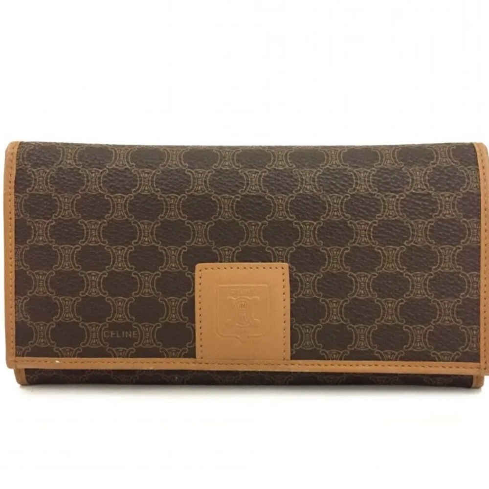 💎VINTAGE 💎AUTHENTIC Celine Macadam Leather and Canvas Long Wallet with kisslock